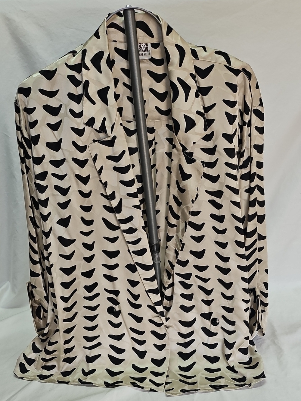 Anne Klein Vintage Animal Print Black and Cream Abstract Printed Satin Blazer